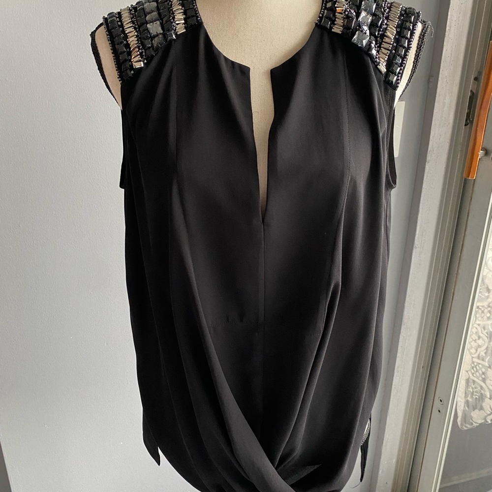 BCBG sequin drape front Max Azria blouse